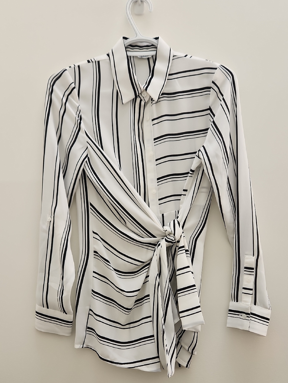 Black and White Striped Tie-Front Button Down Shirt